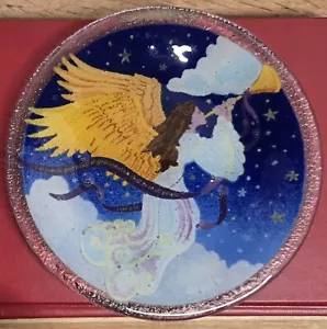 Fused Glass Plate 7.5" Signed Trumpeting Angel Round Christmas Salad Dessert... - Picture 1 of 6