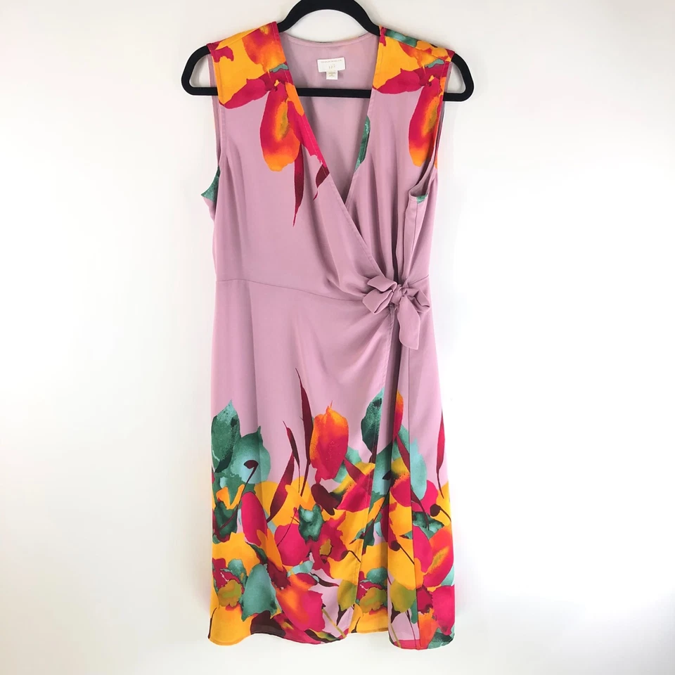 Christian Siriano for J. Jill Wrap Dress Sleeveless Floral Purple Yellow M Petit - Image 1 of 4