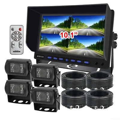 10.1" Quad Monitor Splitscreen 4x 4 PIN CCD Color Rear View Camera 4x 10m Truck - Image 1 of 4