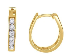 Round Cut Diamond SI1 G 0.35 Ct 14K Solid Yellow Gold Channel Set Hoops Earrings - Picture 1 of 5