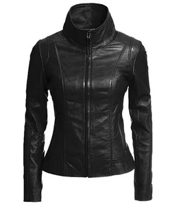 Black Leather Jacket for Women 100% Real Lambskin Motorcycle Jacket S M L XL-066 - Picture 1 of 10