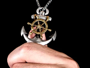 Large Solid RUDDER STEEL ANCHOR Pendant On 925 Silver Plated 26" Necklace men - Picture 1 of 6