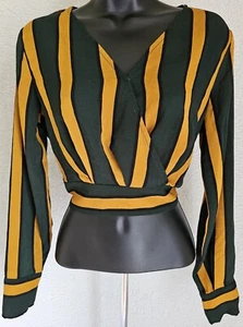 Womens Shirt Top Blouse Size S Small Green Yellow Striped Crop - Picture 1 of 24