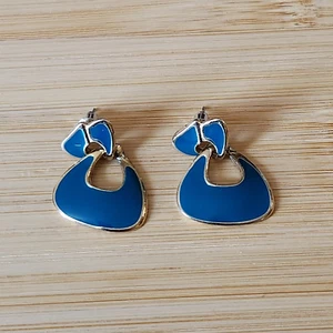Retro Gold Tone and Blue Enamel Dangle Earrings Pair Geometric Modernist Style - Picture 1 of 5