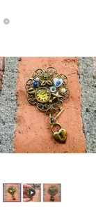 Victorian Angel Heart Key Vintage Time Clock Brooch - Picture 1 of 2