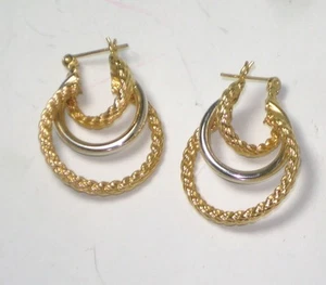 14K YELLOW & WHITE Gold Triple HOOP Earrings TWIST Pierced - Picture 1 of 2