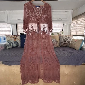 Vintage Francesca's Lace Duster Size M Rust Sheer Kimono Bell Sleeves Y2K - Picture 1 of 11
