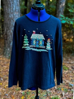 Vintage Quacker Factory Christmas Top L Black Sequin Beaded Snowman House Tree - Image 1 of 4
