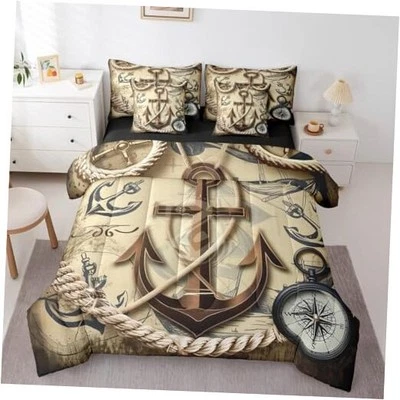  Nautical Anchor Bed in A Bag with Sheets Retro Ship Anchor 7 King Brown Black - Image 1 of 4