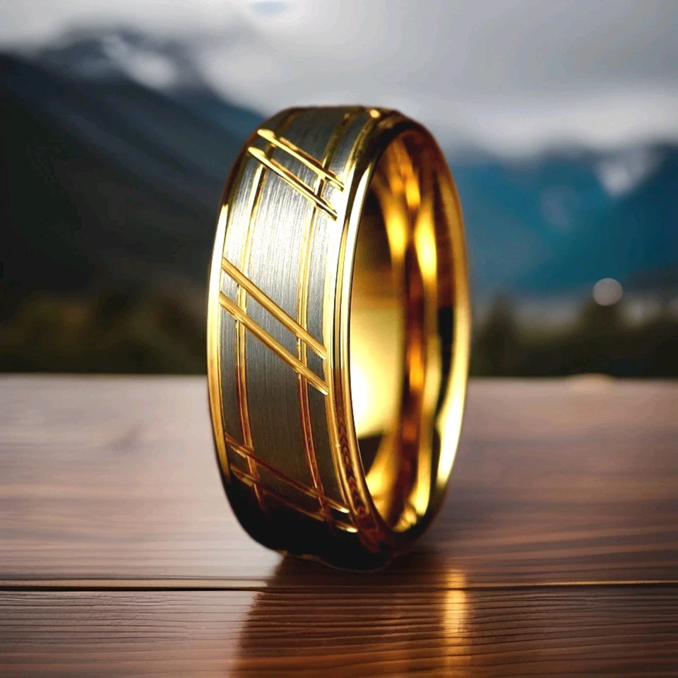 Anillo de boda para hombre de 8 mm dorado plata carburo de tungsteno martillado patrón grabado Foto 1 de 4