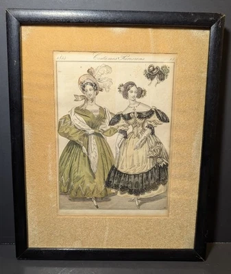 Framed Antique 1833 Costumes Parisiens French Fashion Plate 2 Women in Dresses - Imagem 1 de 4