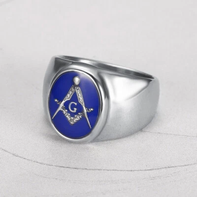 Anel de casamento maçônico retrô esmalte azul aço inoxidável anel de sinete oval motociclista - Imagem 1 de 3