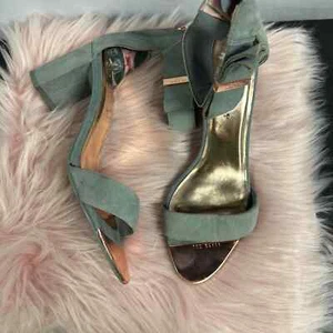 TED BAKER Katryne Block Heeled Sandals Zip Ankle Strap Suede Green Size 36.5 - Picture 1 of 7