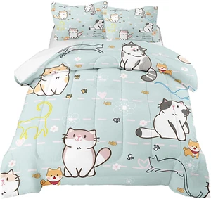 Cat Bedding Set Twin Size, Cartoon Cats Comforter for Girls Kids Teens, Blue Lov - Picture 1 of 12