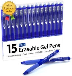 Erasable Gel Pens, 15 Pack Blue Retractable Erasable Pens Clicker, Fine Point, M - Picture 1 of 12