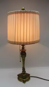 Lampada da tavolo stile liberty originale bronzo dorato paralume nylon plissettato anni '20 - Foto 1 di 24