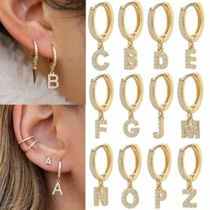 Fashion Zirconia A-Z Letter Initial Alphabet Earrings Dangle Hoop Women 1PC - Picture 1 of 38