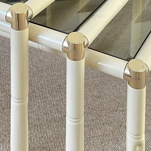 70s Vintage NEST of 3 TABLES by BOULANGER Smoked Glass Cream Faux Bamboo & Brass - Picture 1 of 8