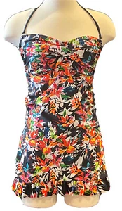 Jaclyn Smith Black Neon Floral Halter Slim One Piece Swimsuit Size 12 WOMENS NEW - Picture 1 of 8