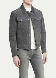 Neu Herren Jacke Wildleder grau Leder Handarbeit echtes Lammfell stilvoll Biker weich - Bild 1 von 7