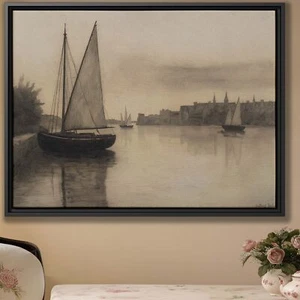 Vintage Sailboat Harbor Canvas Art Nautical Seascape Wall Decor Framed Print - Picture 1 of 9