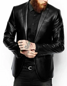 Men's Genuine Lambskin Black Blazer Two Button Slim Fit Coat Real Leather Jacket - Picture 1 of 4