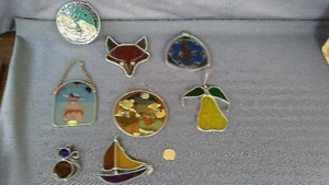 LOT OF 8 VINTAGE LEADED STAINED GLASS SUNCATCHERS, FLORA , FAUNA, RELIGIOUS - Picture 1 of 11