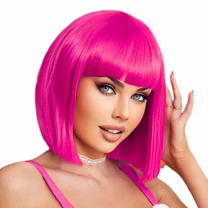 H2T 12 Inch Rose Hot Pink Bob Wig woman bangs straight synthetic stage actress - Picture 1 of 24