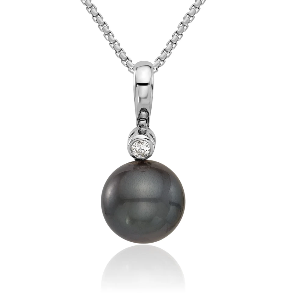 14K Solid White Gold 11mm Black Round Tahitian Saltwater Cultured Pearl Diamo... - Image 1 of 1