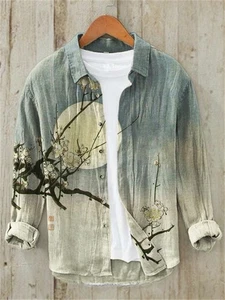 Plum Blossom Full Moon Night Gradient Japanese Art Linen Blend Shirt - Picture 1 of 3