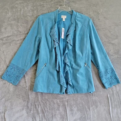 Chicos Sz 3 / 16 Open Jacket Blazer Blue Faux Suede Drape New Boho Artsy Office - Image 1 of 4