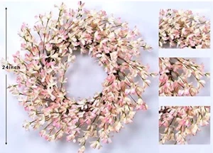 Spring to Summer 24 Inch Pink White Forsythia Door Wreath Indoor Outdoor - Picture 1 of 5