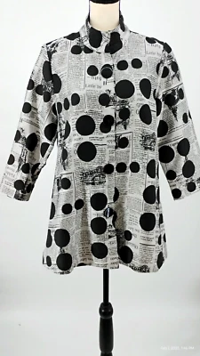 NEW Ali Miles Jacket Gray Black Newspaper Polka Dot Print Wire Collar Pocket M - Image 1 of 4