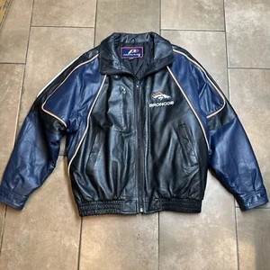 90s Pro Player Denver Broncos NFL Jacket Size Large Faux Leather Black Navy - Picture 1 of 24