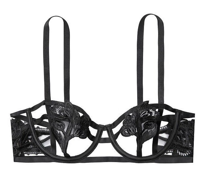 $70 VICTORIAS SECRET VERY SEXY STRAPPY EMBROIDERED OPEN CUP UNLINED BALCONET BRA - Image 1 of 1