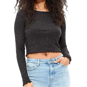 New American Eagle Black White Speckle Long Sleeve Ribbed Crop Top Women's Sz S - Picture 1 of 9