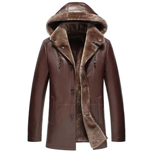Genuine Lambskin Leather Windbreaker Windproof Hooded Winter Casual Brown Coat - Picture 1 of 4