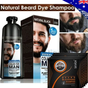 Men 2 in 1 Beard Mustache Natural Hair Color Shampoo Permanent Black Dye 200ml - Picture 1 of 22