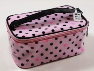 CLAIRE'S POLKA DOT HEARTS RETRO MAKEUP ZIPPER BAG TRAVEL STORAGE - PINK - Picture 1 of 12