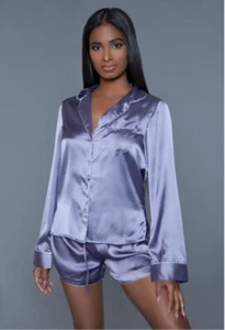 Juego de pijamas satinados Be Wicked Premium de diseñador lencería talla grande color lila 2X - Imagen 1 de 3