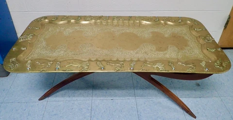 MCM Ornate Brass Tray Table w/ Spider Leg Base 47x23 Raised Animals Border Boho Cover