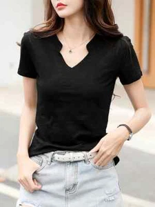 Summer Bamboo Cotton T-Shirt Cotton V-Neck Soft Tshirts Female Basic Fashion - Imagen 1 de 27
