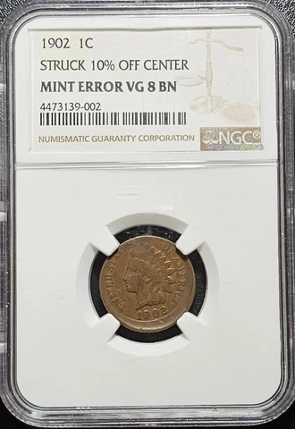 1902 1C NGC VG8 MINT ERROR Indian Head Cent 10% Off Center Cover