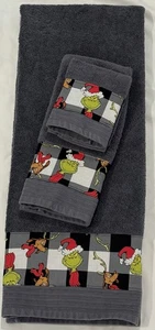 Weihnachten Grinch Hund Badezimmer Deko Badetuch grau grün rot schwarz 3-teiliges Set - Bild 1 von 5
