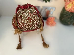 Vintage Beaded Reticule Bag Clutch Pouch Potli Bag Bridal Embroidered Purse 6X5 - Picture 1 of 24
