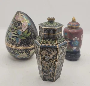 3 Pc Chinese Miniature Cloisonne Tea Caddy Hexagonal w Lid Floral Design Egg Jar - Picture 1 of 14