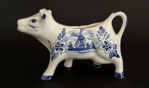 Delft Holland Windmill Hand Painted Ceramic White & Blue Cow Creamer Vintage - Picture 1 of 8