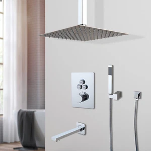 12" Rain Shower Faucet Set Square Shower Heads Mixer Bathtub Waterfall Spout Tap - Picture 1 of 11