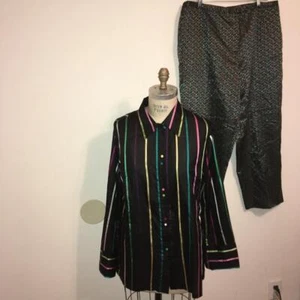 Due Per Due Black & Multi-color 100% Silk Striped Sheer Top & Pant Outfit 18 W - Picture 1 of 12