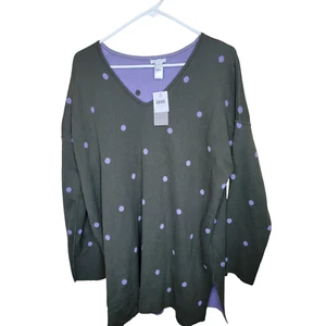 J Jill Reversible Sweater Purple Green LG Drop Sleeve Pullover Polka Dot V Neck - Picture 1 of 5